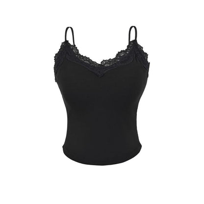 V-Neck Lace Trim Plain Camisole Top
