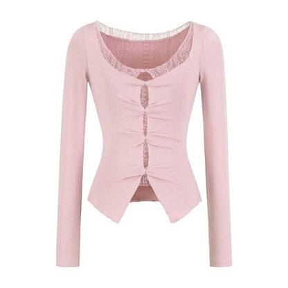 Mock Two-Piece Long-Sleeve Lace Trim Cutout Top