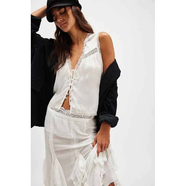 Sleeveless V-Neck Plain Lace Trim Slit Top