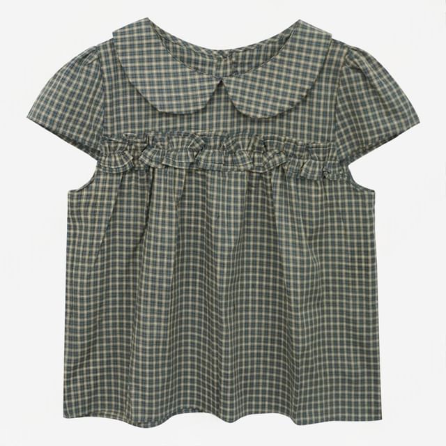 Short Sleeve Collared Plaid Ruffle Trim Shirt