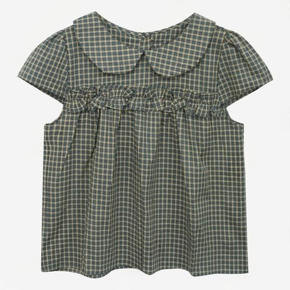 Short Sleeve Collared Plaid Ruffle Trim Shirt