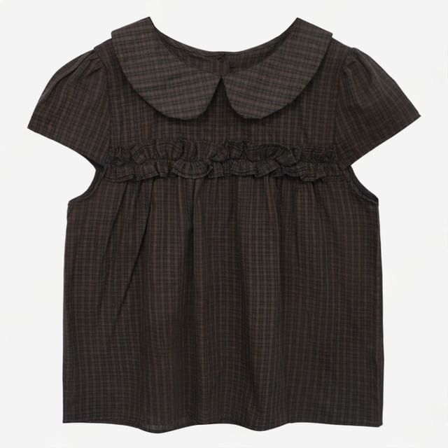 Short Sleeve Collared Plaid Ruffle Trim Shirt