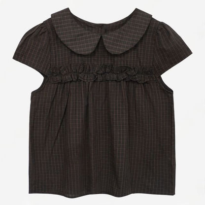 Short Sleeve Collared Plaid Ruffle Trim Shirt