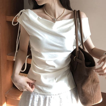 Short Sleeve Off Shoulder Solid Ruched Top