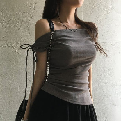 Short Sleeve Off Shoulder Solid Ruched Top
