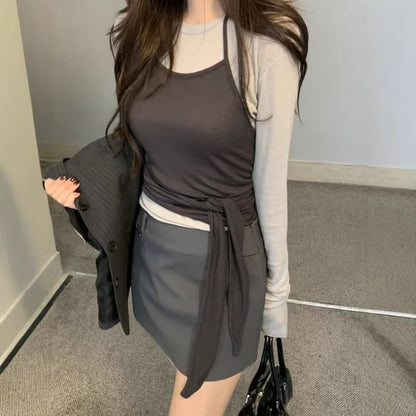 Set: Long Sleeve Crew Neck Solid Tee + Halter Neck Solid Tie Waist Camisole