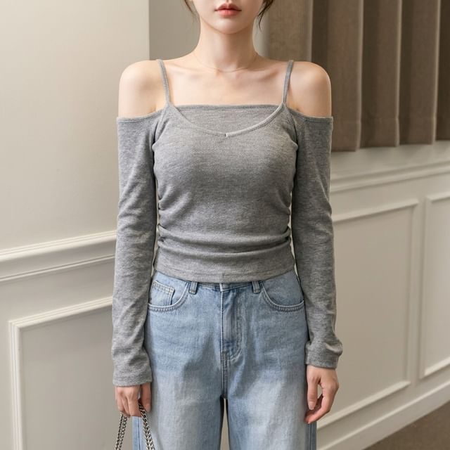 Set: Off Shoulder Long Sleeve Solid Knit Top + Spaghetti Strap V-Neck Camisole