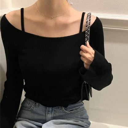 Set: Off Shoulder Long Sleeve Solid Knit Top + Spaghetti Strap V-Neck Camisole
