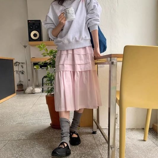 Mid Rise Plain Ruffle Trim Midi A-Line Skirt