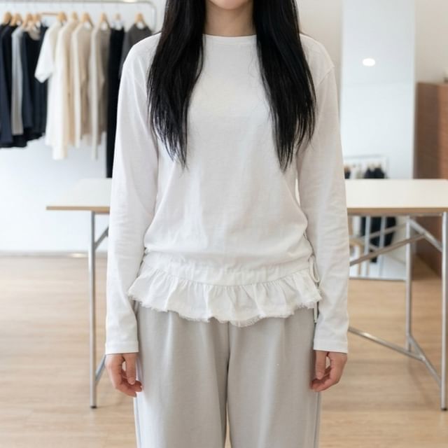 Long Sleeve Crew Neck Solid Ruffle Hem Tee