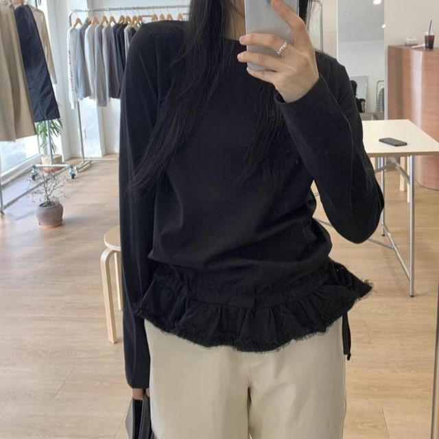 Long Sleeve Crew Neck Solid Ruffle Hem Tee