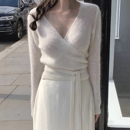 Long Sleeve V-Neck Solid Wrap Knit Top