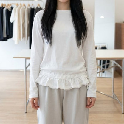Long Sleeve Crew Neck Solid Ruffle Hem Tee