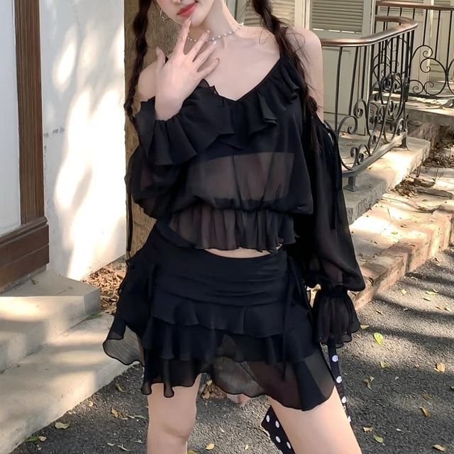 Set: Cold Shoulder Ruffle Trim Long Sleeve Top + Mid Rise Tiered Ruffle Mini Skirt