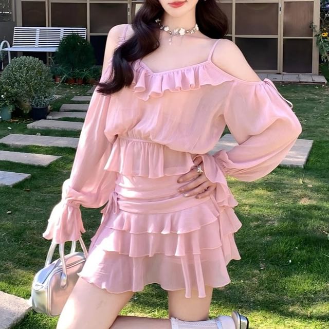 Set: Cold Shoulder Ruffle Trim Long Sleeve Top + Mid Rise Tiered Ruffle Mini Skirt