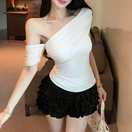 Sleeveless Off-Shoulder Plain Draped Top / Mid Rise Polka Dot Ruffled Tiered Mini Skirt