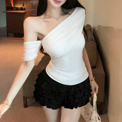 Sleeveless Off Shoulder Solid Draped Top / Mid Rise Polka Dot Ruffled Tiered Mini Skirt