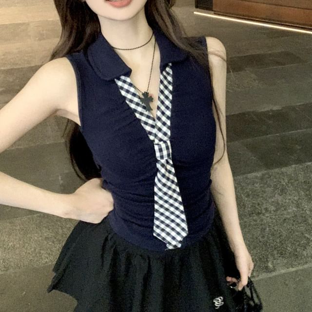 Sleeveless Collared Gingham Tie Detail Top / Mid Rise Solid Mini Flared Skort