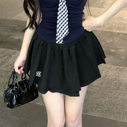 Sleeveless Collared Gingham Tie Detail Top / Mid Rise Solid Mini Flared Skort