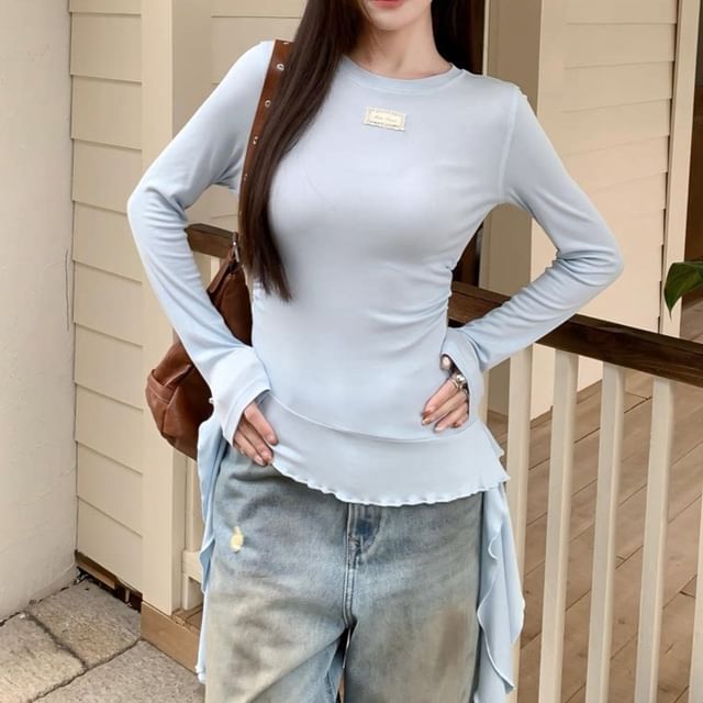 Long Sleeve Crew Neck Asymmetrical Hem Top