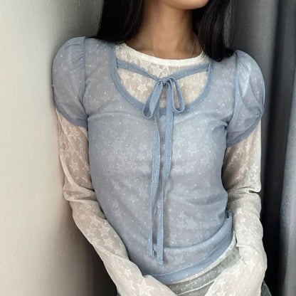 Short Sleeve Scoop Neck Polka Dot Sheer Blouse