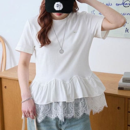 Short Sleeve Crew Neck Lace Panel Tee