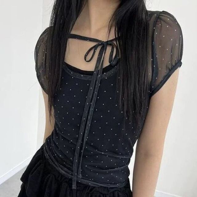 Short Sleeve Scoop Neck Polka Dot Sheer Blouse