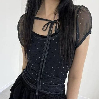 Short Sleeve Scoop Neck Polka Dot Sheer Blouse