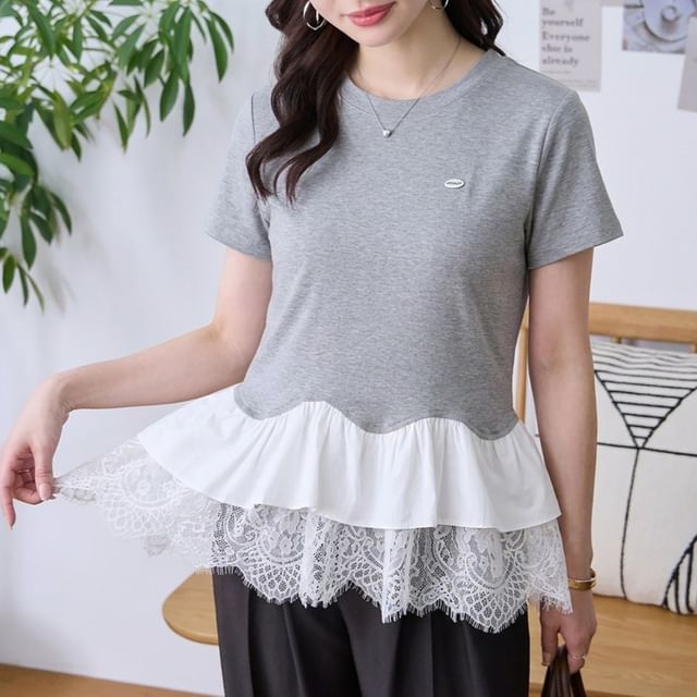 Short Sleeve Crew Neck Lace Panel Tee