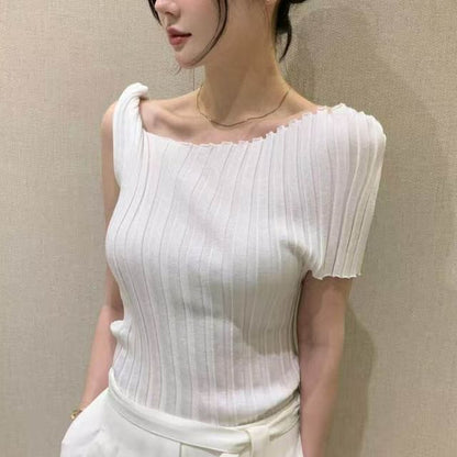 Short Sleeve Boatneck Solid Knit Top