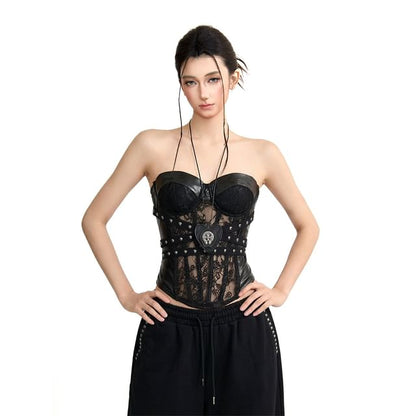 Halter Neck Faux Leather Lace Crop Top