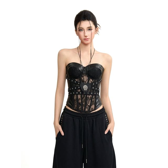 Halter Neck Faux Leather Lace Crop Top