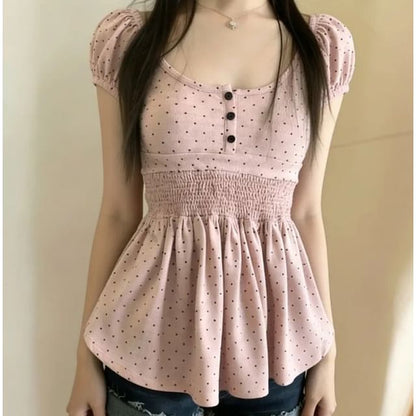 Puff Sleeve Scoop Neck Polka Dot Ruched Fitted Top