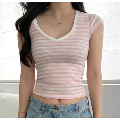 Cap Sleeve V-Neck Striped Fitted Crop Tee
