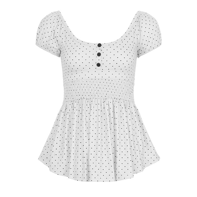 Puff Sleeve Scoop Neck Polka Dot Ruched Fitted Top