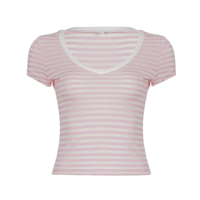 Cap Sleeve V-Neck Striped Fitted Crop Tee