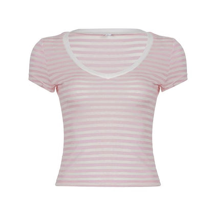 Cap Sleeve V-Neck Striped Fitted Crop Tee