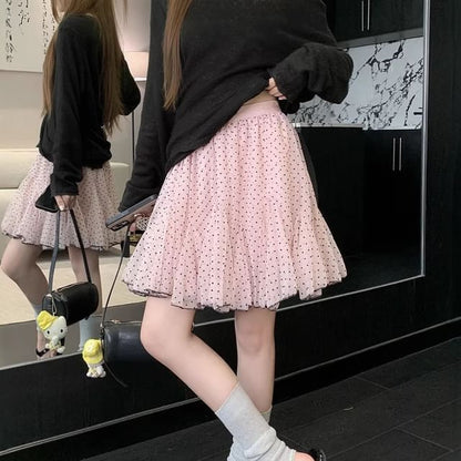 Mid Waist Dotted Mini A-Line Skirt