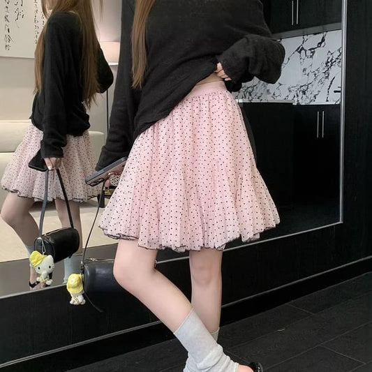 Mid Waist Dotted Mini A-Line Skirt