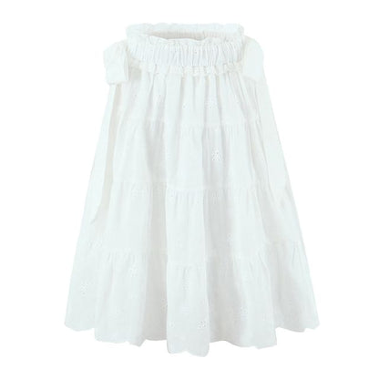 High Waist Ruffled-Trim Eyelet Midi A-Line Tiered Skirt