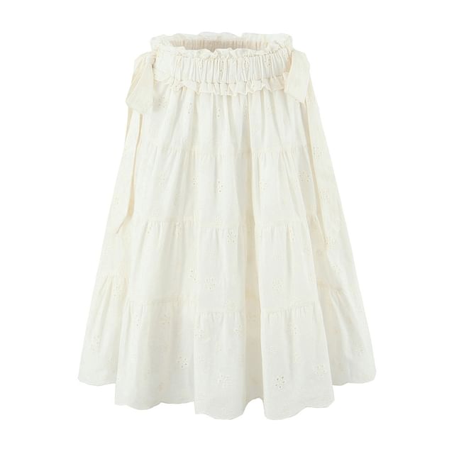 High Waist Ruffled-Trim Eyelet Midi A-Line Tiered Skirt