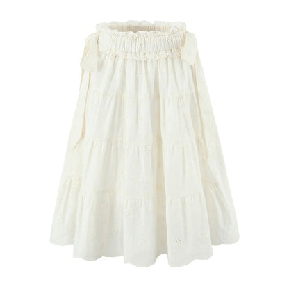 High Waist Ruffled-Trim Eyelet Midi A-Line Tiered Skirt