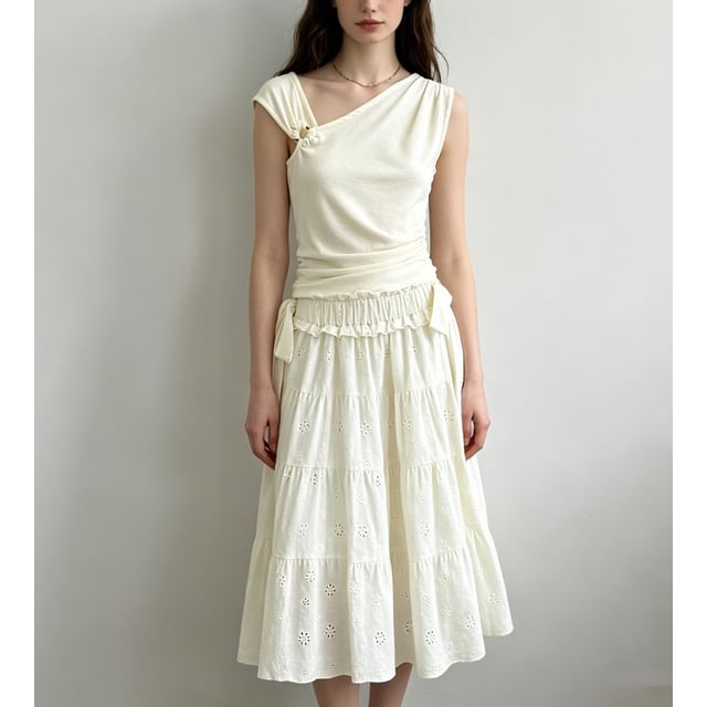 High Waist Ruffled-Trim Eyelet Midi A-Line Tiered Skirt