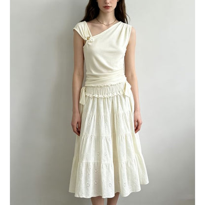 High Waist Ruffled-Trim Eyelet Midi A-Line Tiered Skirt