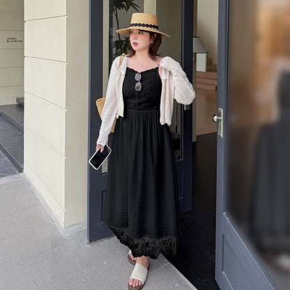 [XL-4XL] Spaghetti Strap V-Neck Lace Maxi A-Line Dress