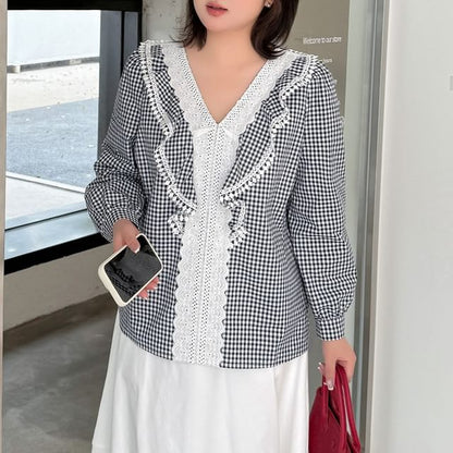 [XL-4XL] Long-Sleeve V-Neck Lace Panel Plaid Blouse