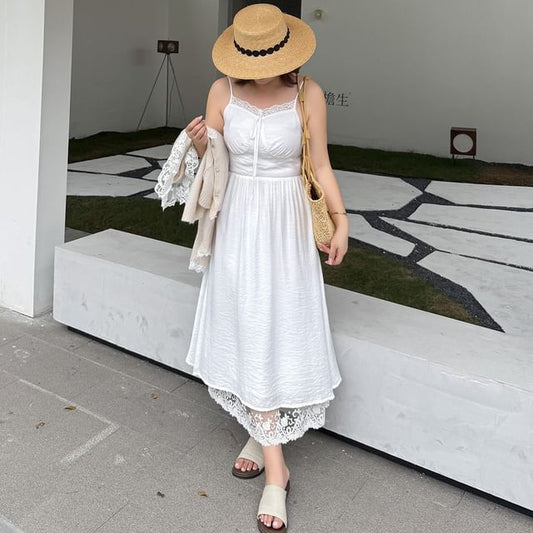 [XL-4XL] Spaghetti Strap V-Neck Lace Maxi A-Line Dress