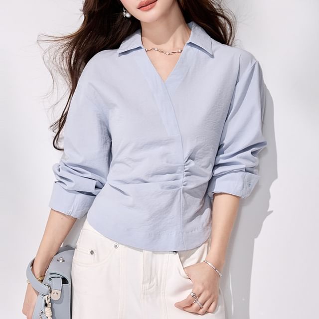 Ruched V-Neck Collared Long-Sleeve Blouse