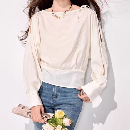 Cold Shoulder Long Sleeve Solid Blouse
