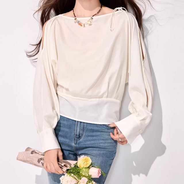 Cold Shoulder Long Sleeve Solid Blouse